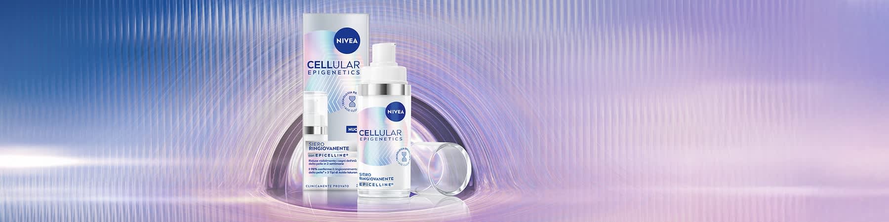 Siero ringiovanente Nivea Cellular Epigenetics con confezione su sfondo oleografico