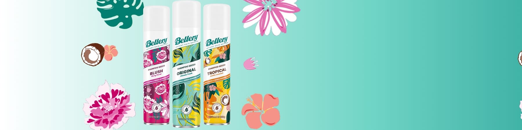 Shampoo secco Bellery con fiori e foglie tropicali