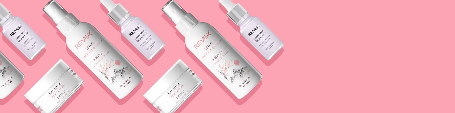 Prodotti di bellezza Revox su sfondo rosa