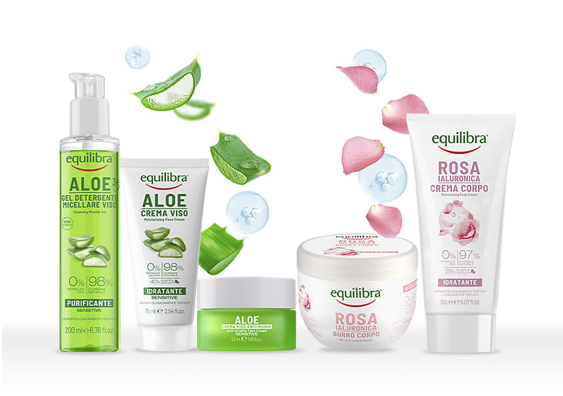 Prodotti Equilibra con aloe e rosa per la cura della pelle di corpo e viso su sfondo bianco con elementi grafici di aloe vera e petali di rosa