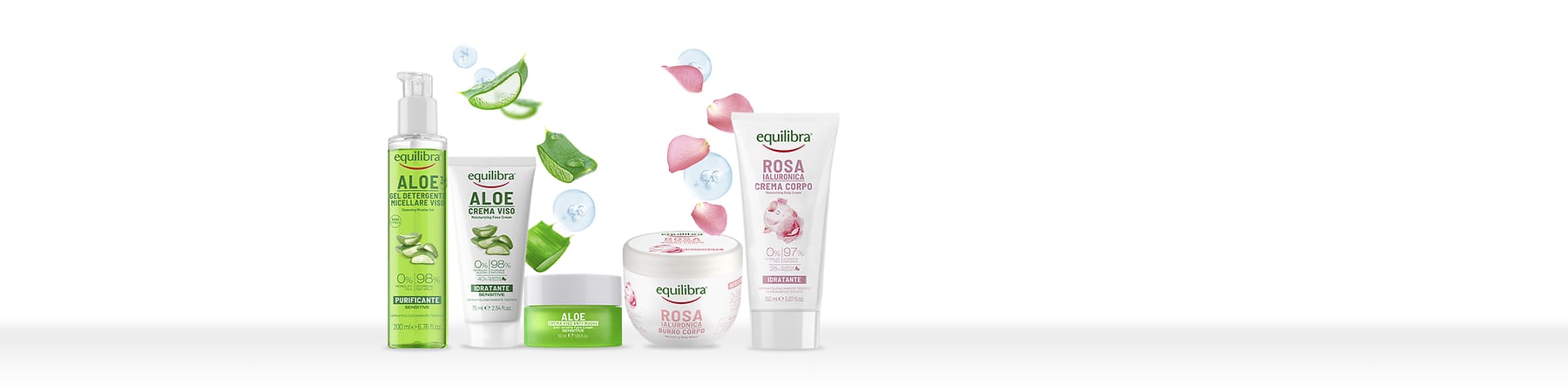 Prodotti Equilibra con aloe e rosa per la cura della pelle di corpo e viso su sfondo bianco con elementi grafici di aloe vera e petali di rosa