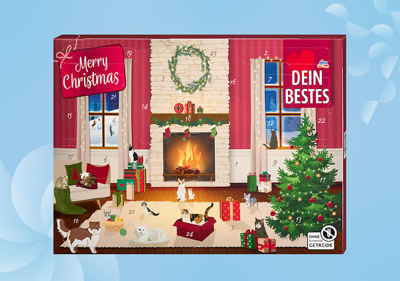 Calendario dell'avvento DEIN BESTES per gatti su sfondo azzurro con decorazioni natalizie