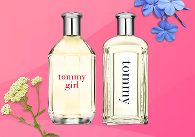 Profumi Tommy Hilfiger da donna e da uomo con fiori su sfondo rosa sfumato