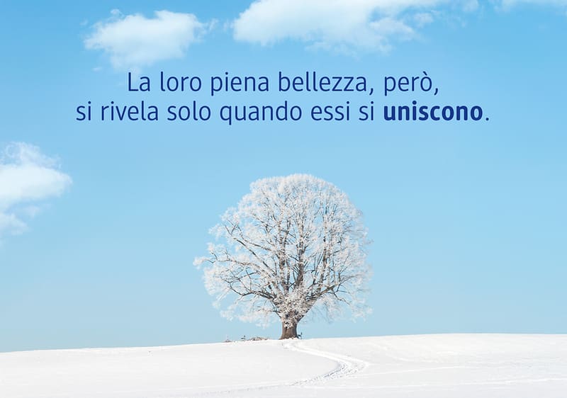 Albero solitario su campo innevato con cielo azzurro e frase motivazionale La loro piena bellezza, però, si rivela solo quando essi si uniscono.