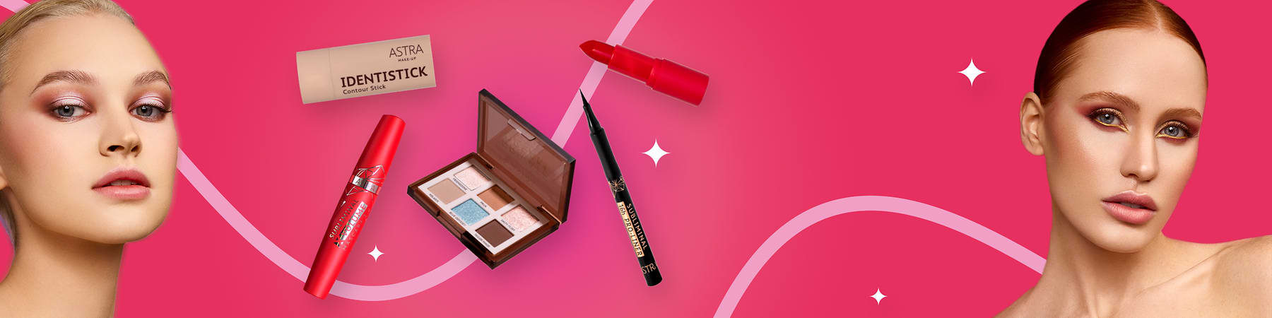 Prodotti make-up a marchio Astra su sfondo rosa: rossetto, mascara, palette ombretti, eyeliner, contour stick