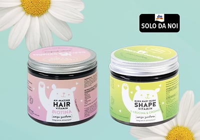 Novità prodotti vitaminici a marchio Bears with benefits per capelli e forma con fiori bianchi su sfondo azzurro