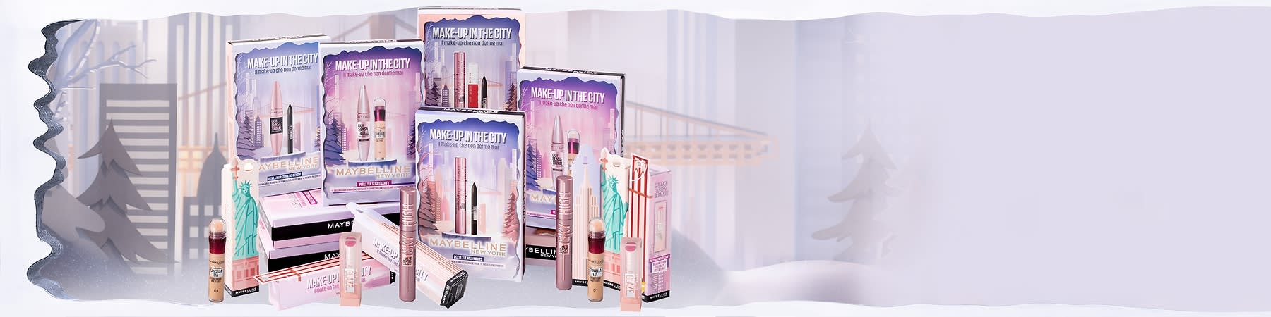 Prodotti Maybelline in confezioni regalo di Natale 2025 con trucco e cosmetici