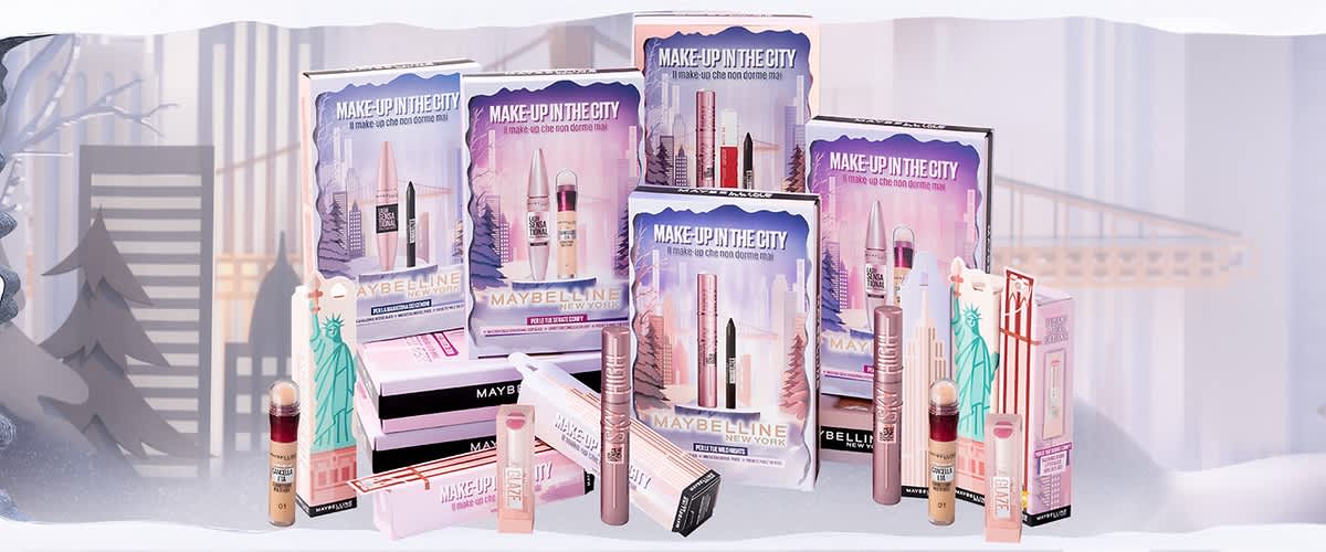 Prodotti Maybelline in confezioni regalo di Natale 2025 con trucco e cosmetici