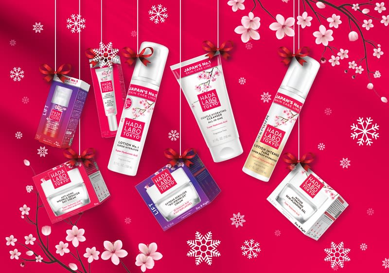 Prodotti skincare HADA LABO TOKYO su sfondo rosso con fiori e fiocchi di neve