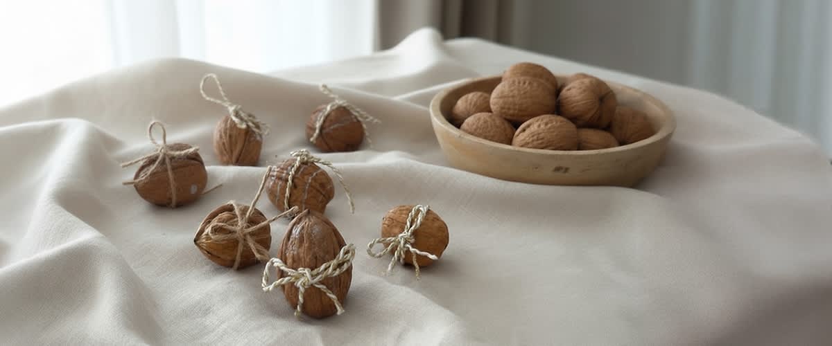 Diverse noci sono appoggiate su un panno beige; alcune sono avvolte da un cordino e, accanto, una ciotola ne contiene altre.