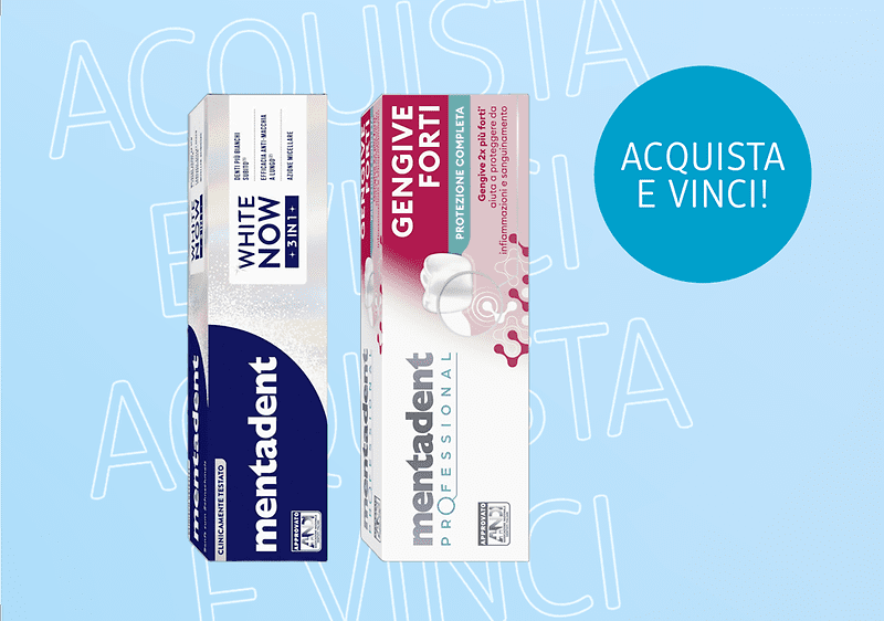 Confezioni di dentifricio Mentadent con scritta Acquista e Vinci