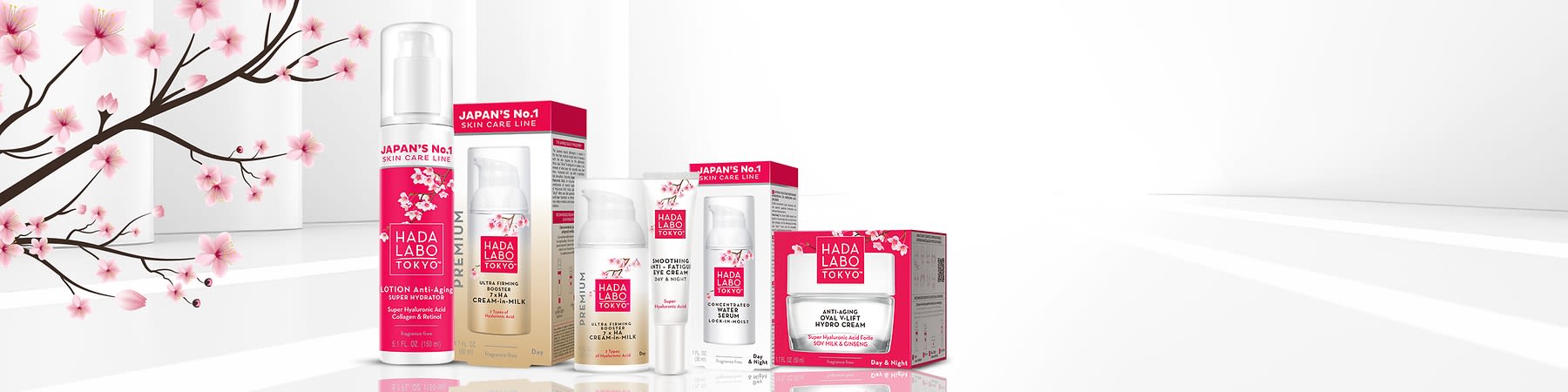 Prodotti per la cura della pelle Hada Labo Tokyo con fiori di ciliegio sullo sfondo