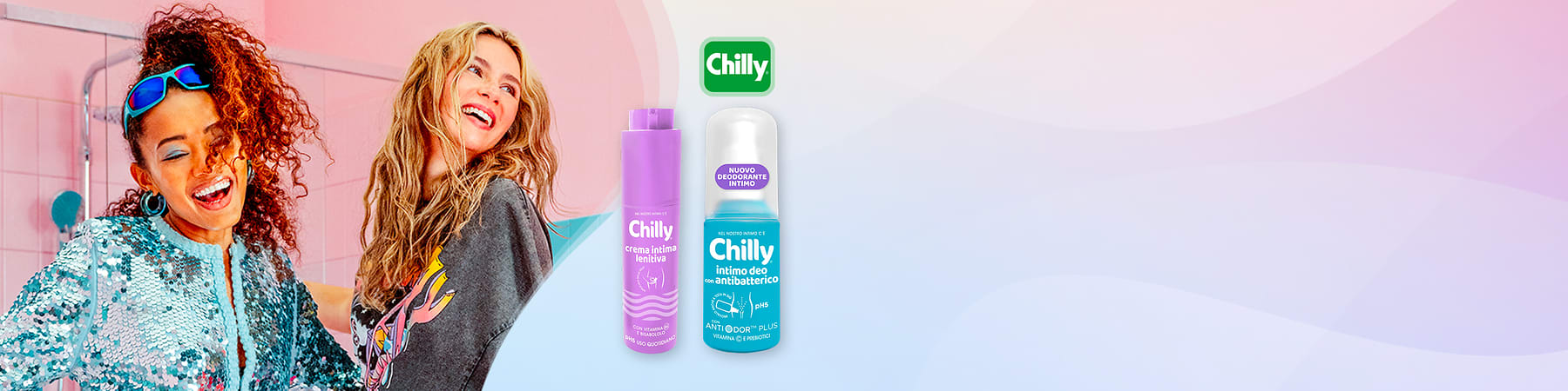 Prodotti Chilly con crema e deodorante intimo su sfondo colorato