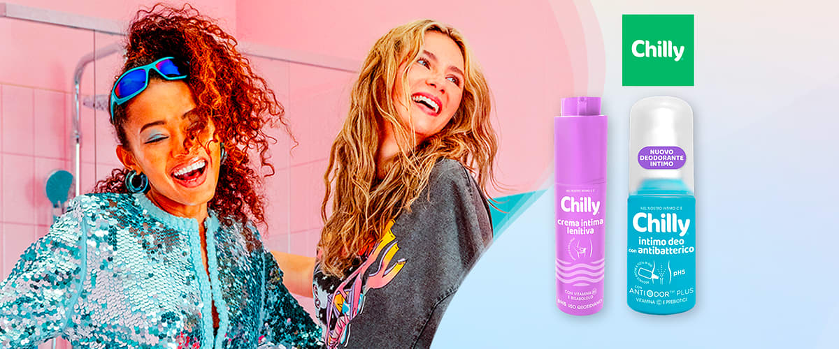 Prodotti Chilly con crema e deodorante intimo su sfondo colorato