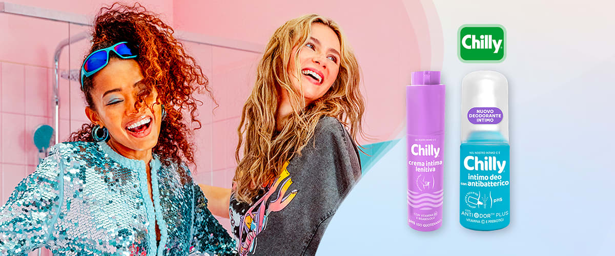 Prodotti Chilly con crema e deodorante intimo su sfondo colorato