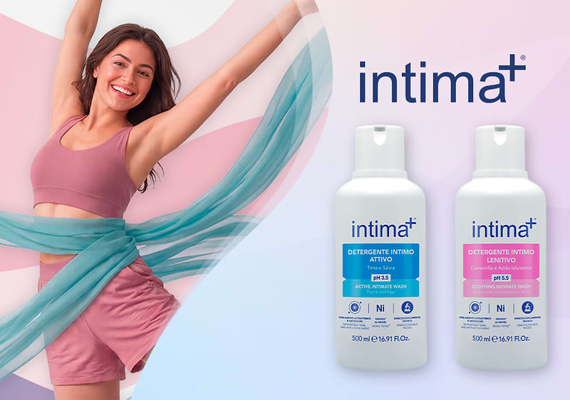 Prodotti detergenti intimo Intima + su sfondo violetta sfumato con donna sulla sinistra