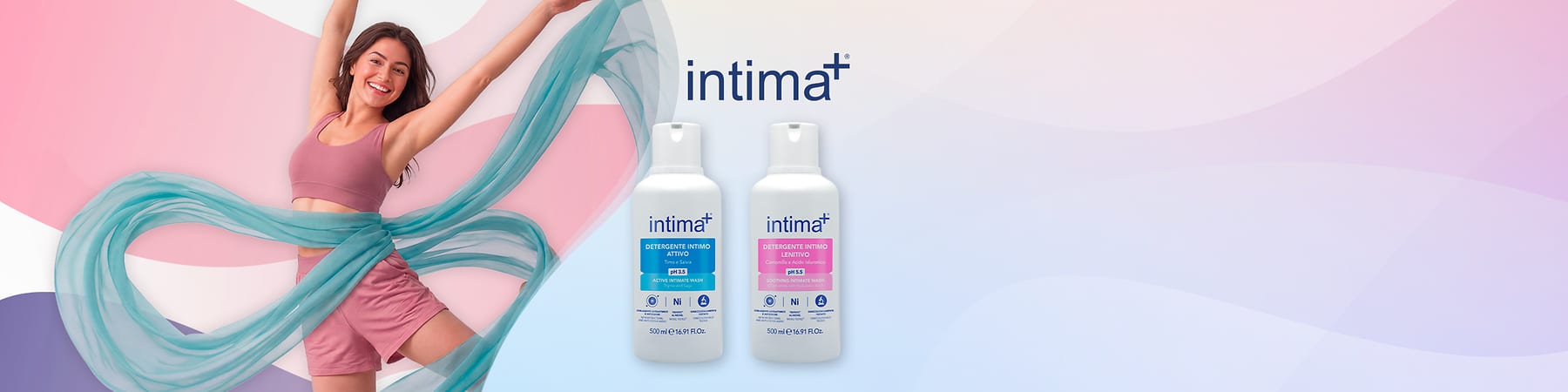 Prodotti detergenti intimo Intima + su sfondo violetta sfumato con donna sulla sinistra