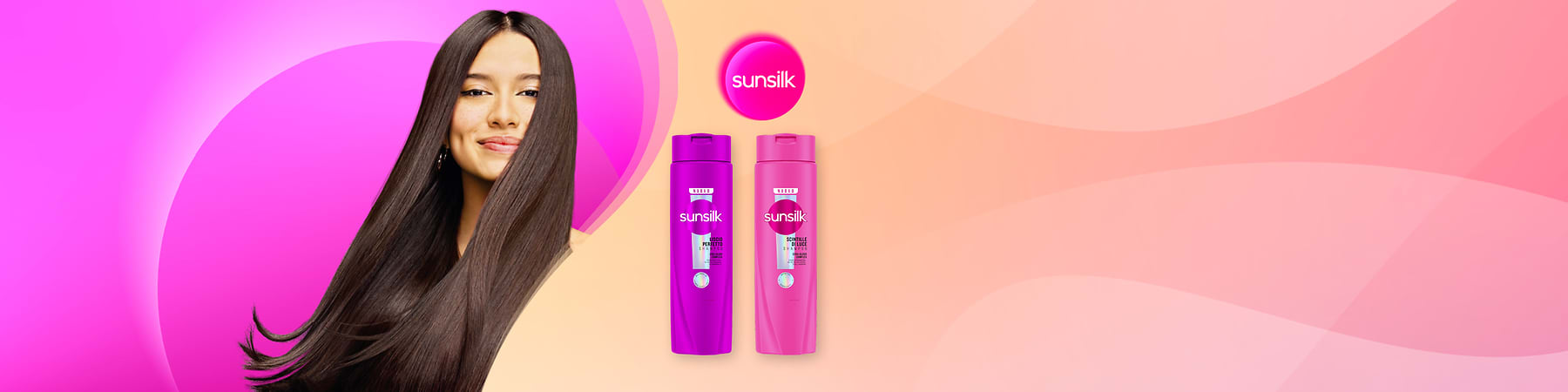 Prodotti per capelli Sunsilk su sfondo sfumato rosa.