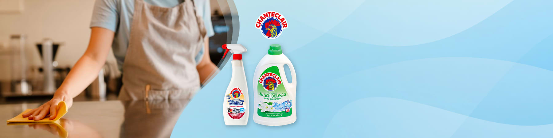 CHANTECLAIR: sgrassatore universale e detersivo lavatrice al muschio bianco.
