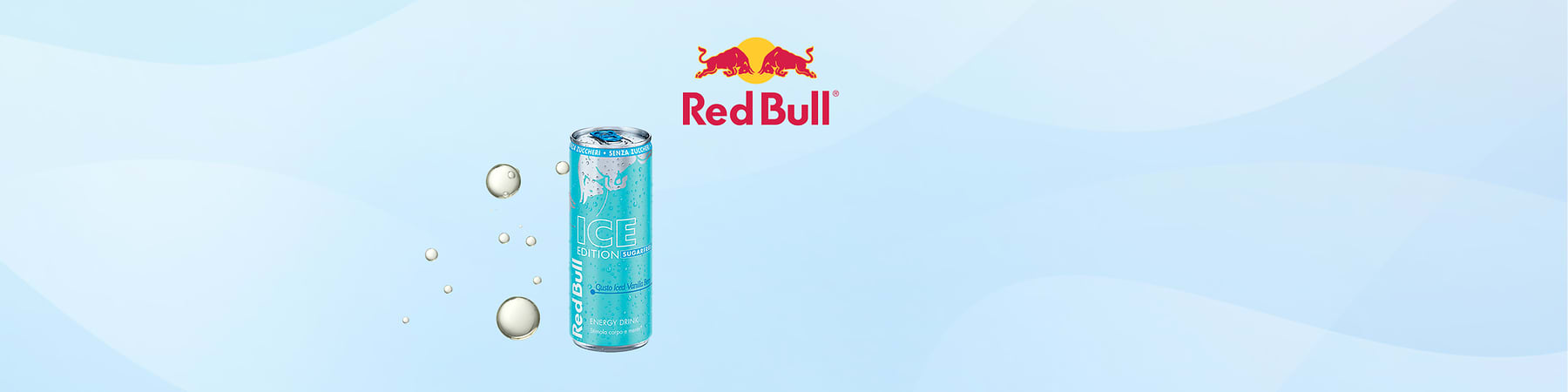 Lattina Red Bull Ice edition azzurra su sfondo celeste con logo Red Bull