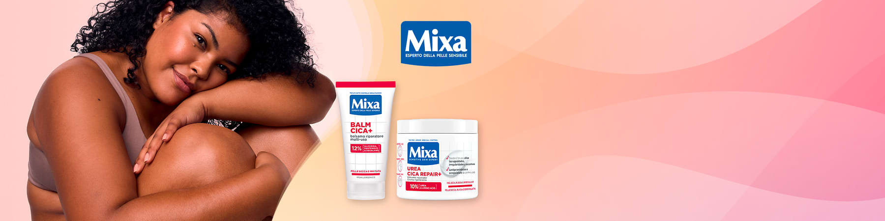 Crema Mixa Cica Repair con donna che mostra ginocchio e braccio