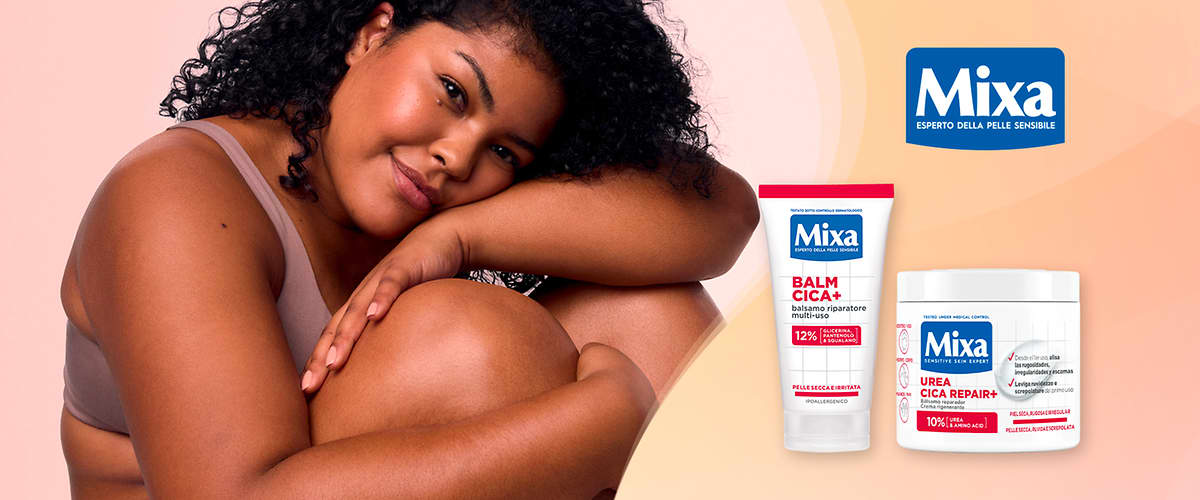 Crema Mixa Cica Repair con donna che mostra ginocchio e braccio