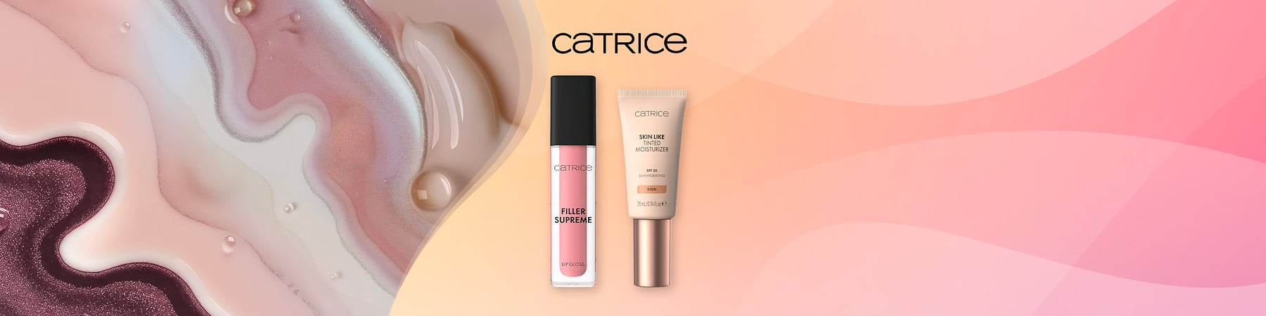 Prodotti Catrice: lip gloss rosa e crema viso su sfondo astratto
