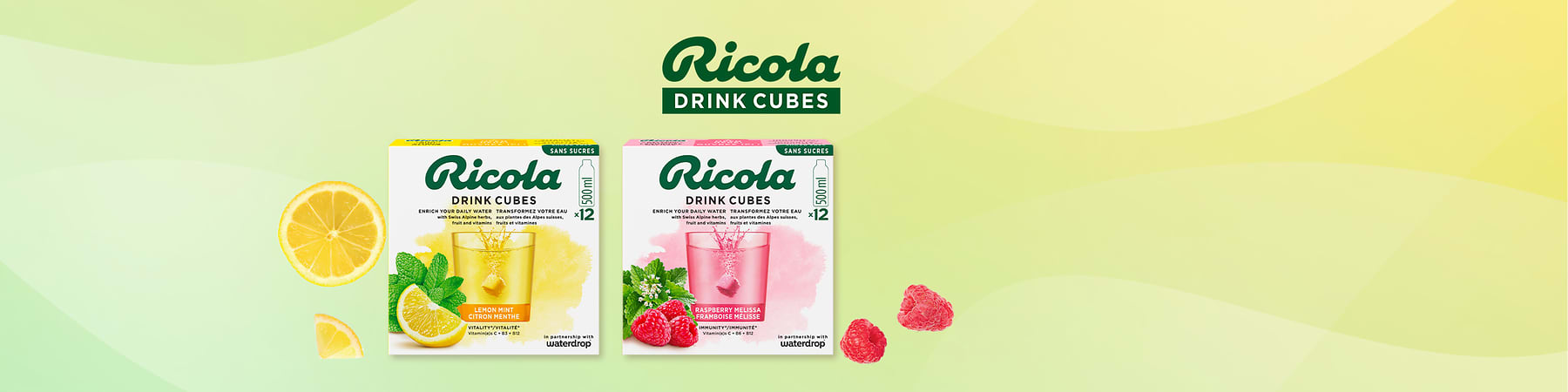 Confezioni Ricola Drink Cubes gusto Lemon Mint e Raspberry Melisse con frutta e cubetti