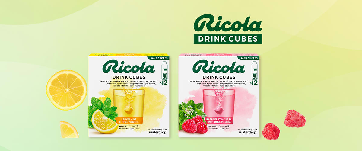 Confezioni Ricola Drink Cubes gusto Lemon Mint e Raspberry Melisse con frutta e cubetti