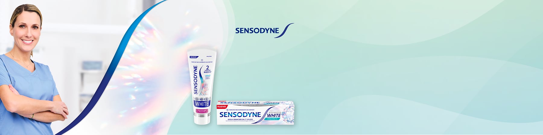 Donna con camice medico accanto a confezioni di dentifricio Sensodyne clinical white