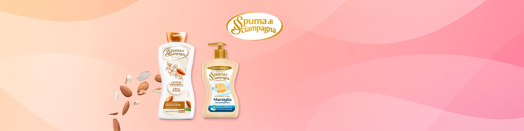 Spuma di Sciampagna: bagnoschiuma alle mandorle e sapone liquido mani Marsiglia.