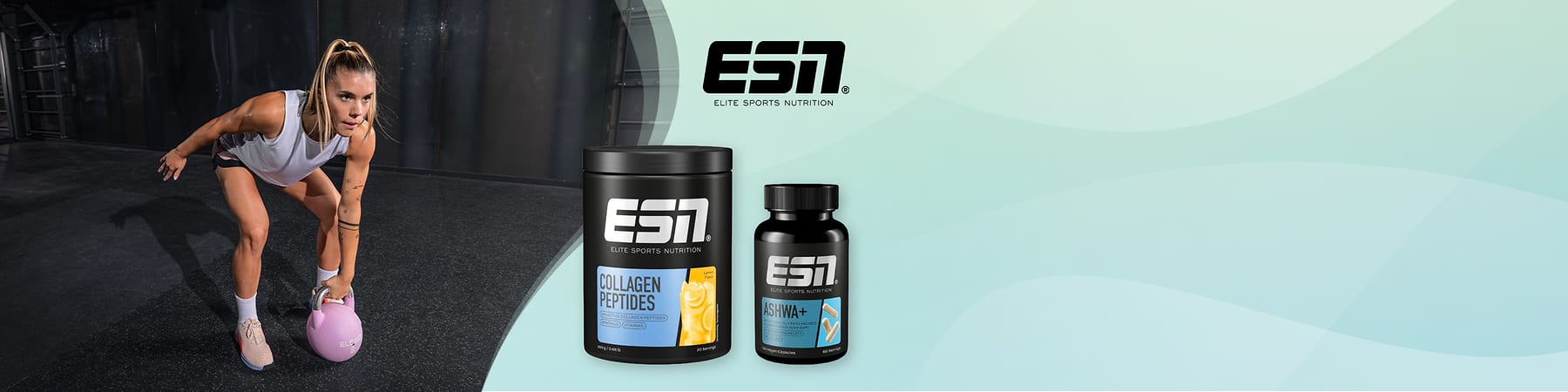 Donna che solleva kettlebell accanto a integratori ESN Collagen Peptides e ASHWA+