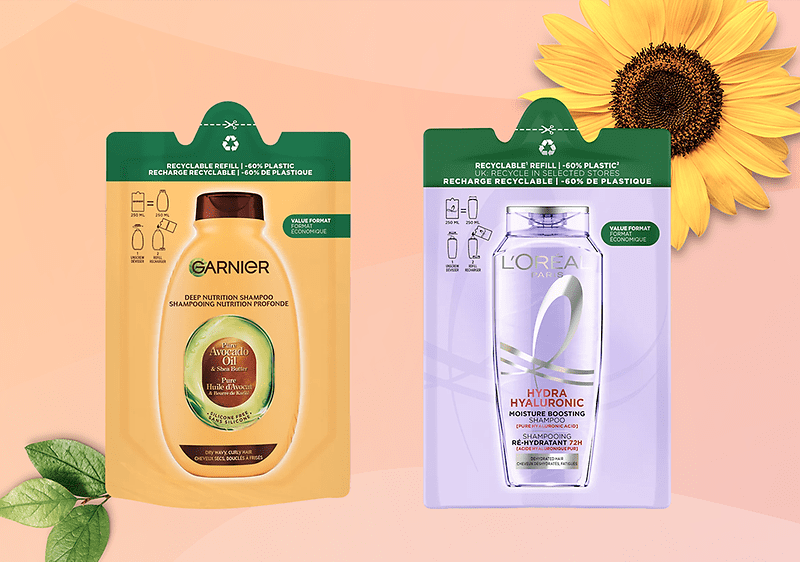 Ricarica shampoo Garnier e ricarica balsamo L'Oréal su sfondo con girasole
