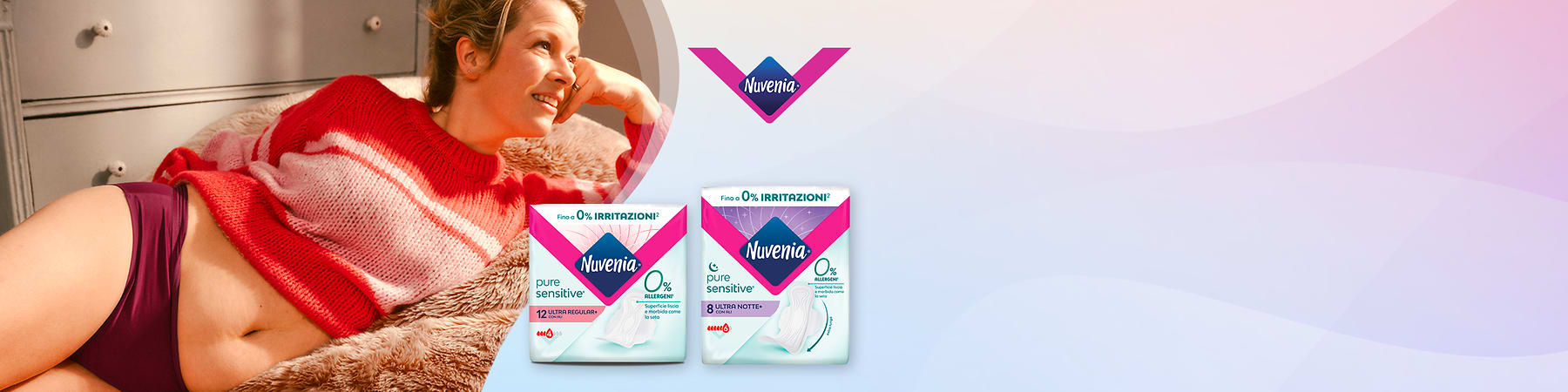 Prodotto Nuvenia con donna sorridente sdraiata e confezioni di assorbenti in primo piano