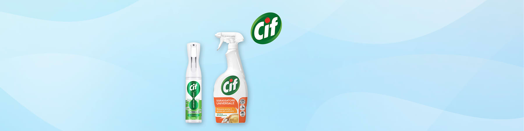 Detergente Cif in due formati spray su sfondo azzurro