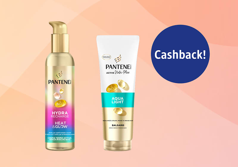 Pantene due prodotti Hydra Recharge e Aqua Light su sfondo rosa con badge Cashback