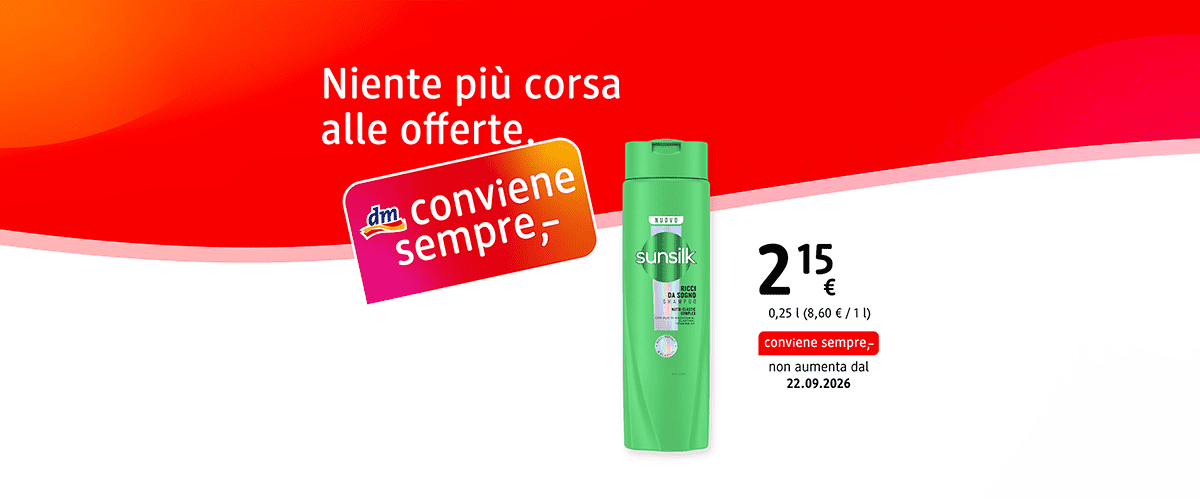 Bottiglia verde di shampoo Sunsilk da 0,25 l con etichetta bianca e logo, prezzo evidenziato 2,15 € e scritta promozionale arancione dm conviene sempre, sfondo sfumato rosso-arancione e data non aumenta dal 22.09.2026