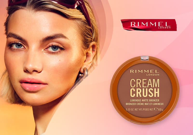 Bronzer Cream Crush di Rimmel con volto di donna truccata