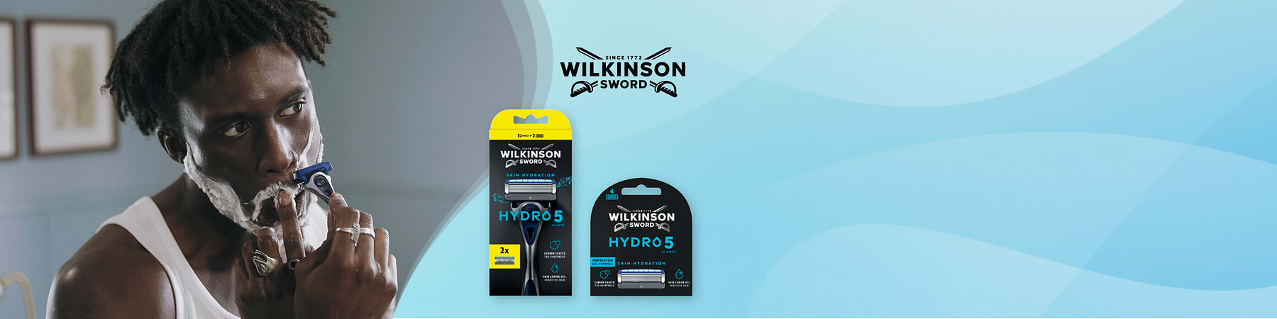 Rasoio Hydro 5 Wilkinson con confezione e uomo che si rade