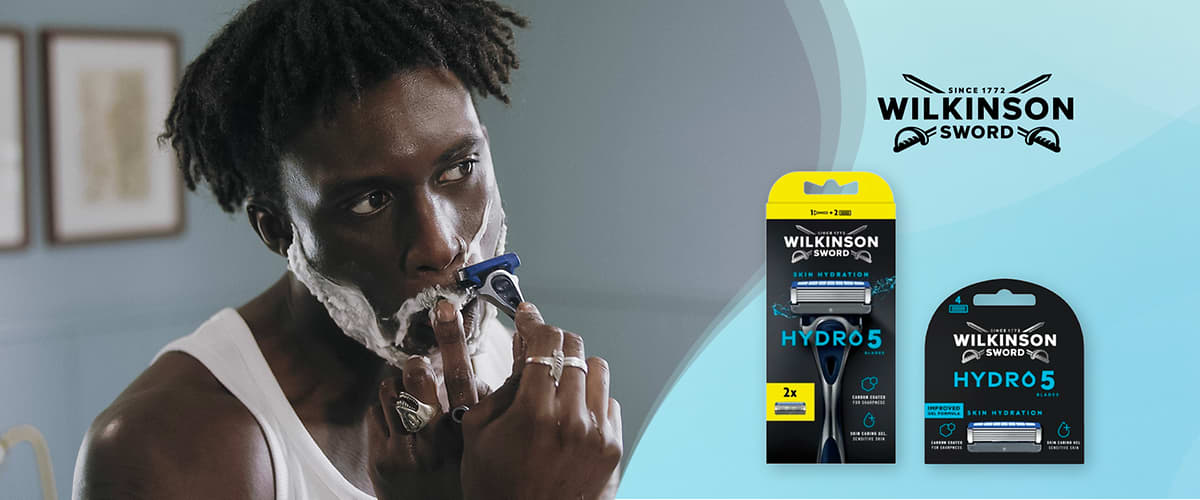 Rasoio Hydro 5 Wilkinson con confezione e uomo che si rade