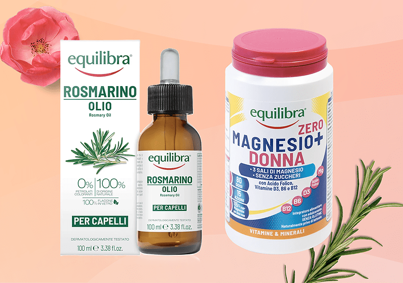 Prodotti Equilibra: olio di rosmarino con scatola e flacone e barattolo di magnesio donna.