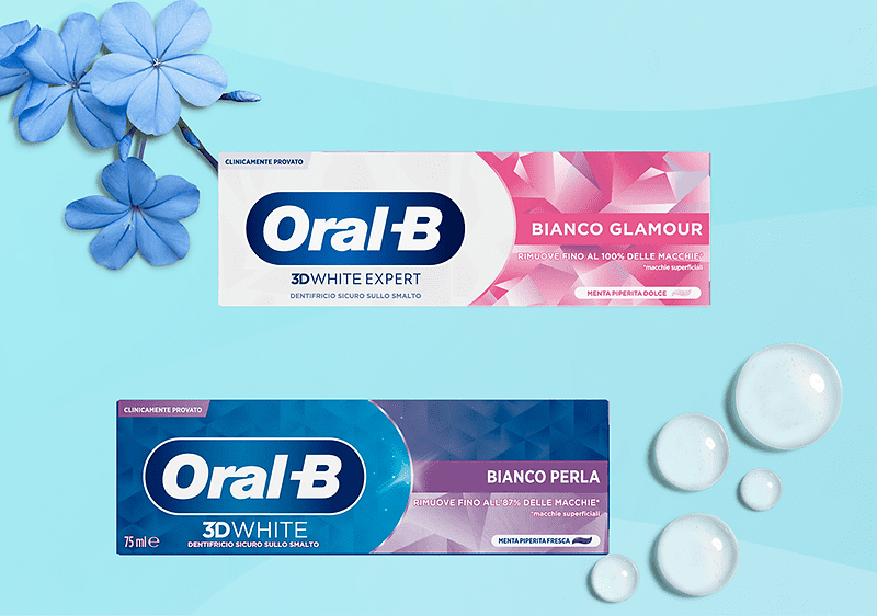 Dentifricio Oral-B 3D White Bianco Glamour e Bianco Perla su sfondo azzurro.