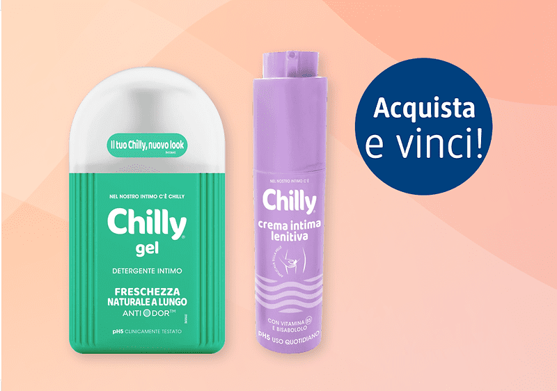 Chilly gel verde e Chilly crema intima lenitiva viola con sfondo arancione