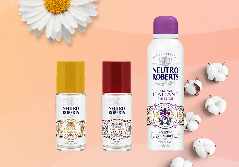Deodorante Neutro Roberts in tre formati con fiori e cotone sullo sfondo