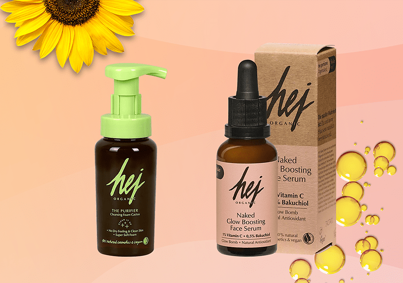 Siero viso e detergente Hej con confezione, girasole e gocce di olio