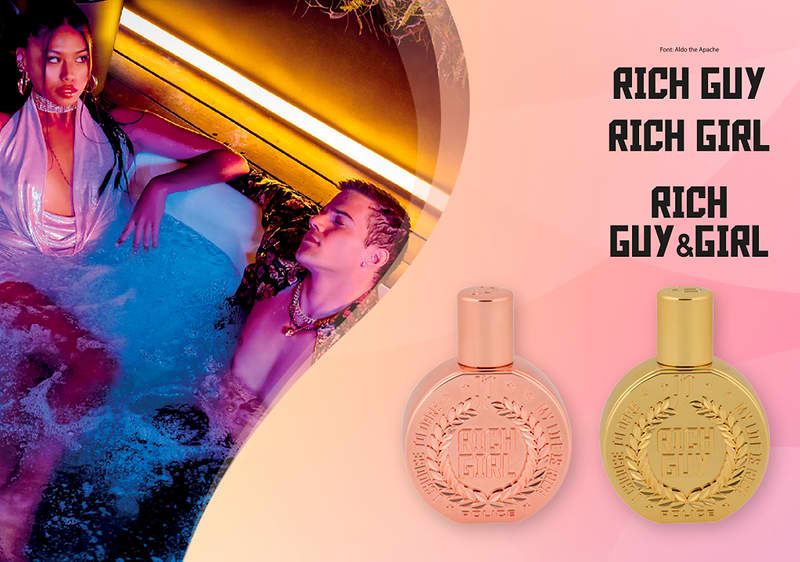 Due persone sedute in una vasca idromassaggio illuminata in rosa e blu, a destra le fragranze RICH GIRL e RICH GUY di Police.