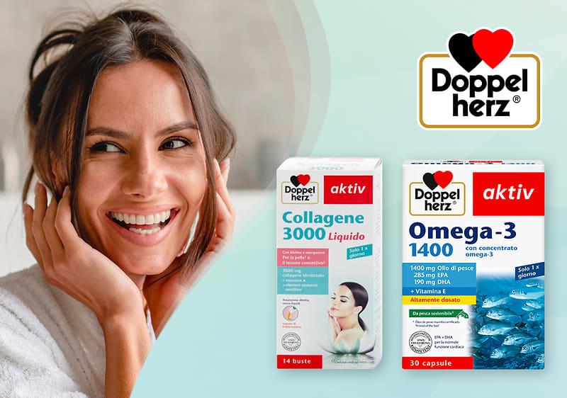 Donna sorridente, a destra integratori Doppelherz: collagene liquido e Omega-3.
