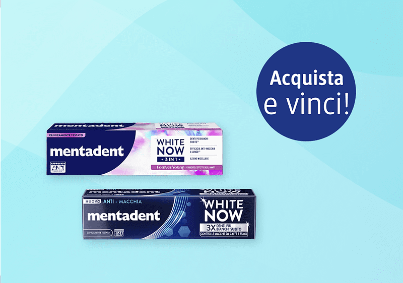 Due confezioni di dentifricio Mentadent White Now posate su sfondo azzurro; in alto a sinistra confezione bianca e lilla con scritta mentadent e WHITE NOW 3 IN 1, in basso confezione blu scuro con scritta mentadent e WHITE NOW 3X, a destra cerchio blu con testo bianco Acquista e vinci!
