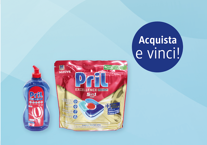 Bottiglia blu di detersivo Pril con erogatore rosso e bustina rossa e dorata di pastiglie Pril Excellence 5in1 affiancate su sfondo azzurro, cerchio blu con scritta bianca «Acquista e vinci!»