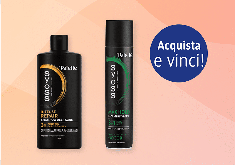 Due flaconi di prodotti per capelli su sfondo sfumato chiaro: a sinistra una bottiglia nera di shampoo Syoss Intense Repair con scritta arancione INTENSE REPAIR SHAMPOO DEEP CARE e logo Palette, a destra una bomboletta nera Syoss Max Hold lacca con scritte verdi e logo Palette; a destra un cerchio blu con testo bianco Acquista e vinci!